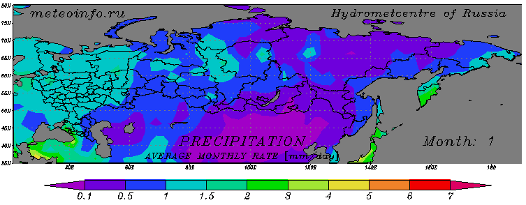 Климатическая карта среднесуточного количества осадков для территории России