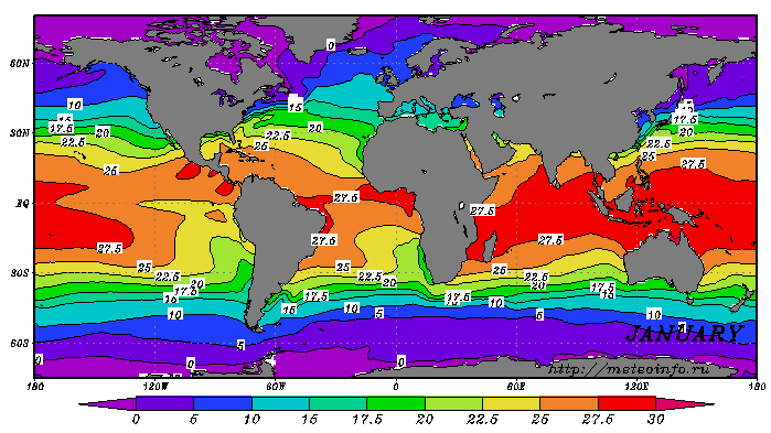 Карты средних климатических значений температуры поверхности Мирового океана