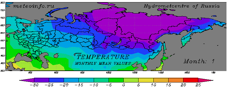 Климатическая карта среднемесячной температуры для территории России