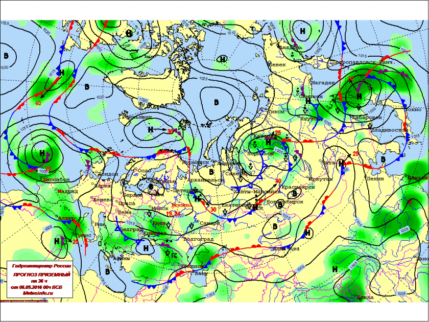 Синоптическая карта с фронтальным анализом евразии