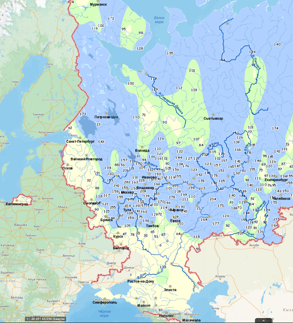 Запас воды в снежном покрове (отношение к норме, %) на европейской территории России по состоянию на 10 марта 2024 года